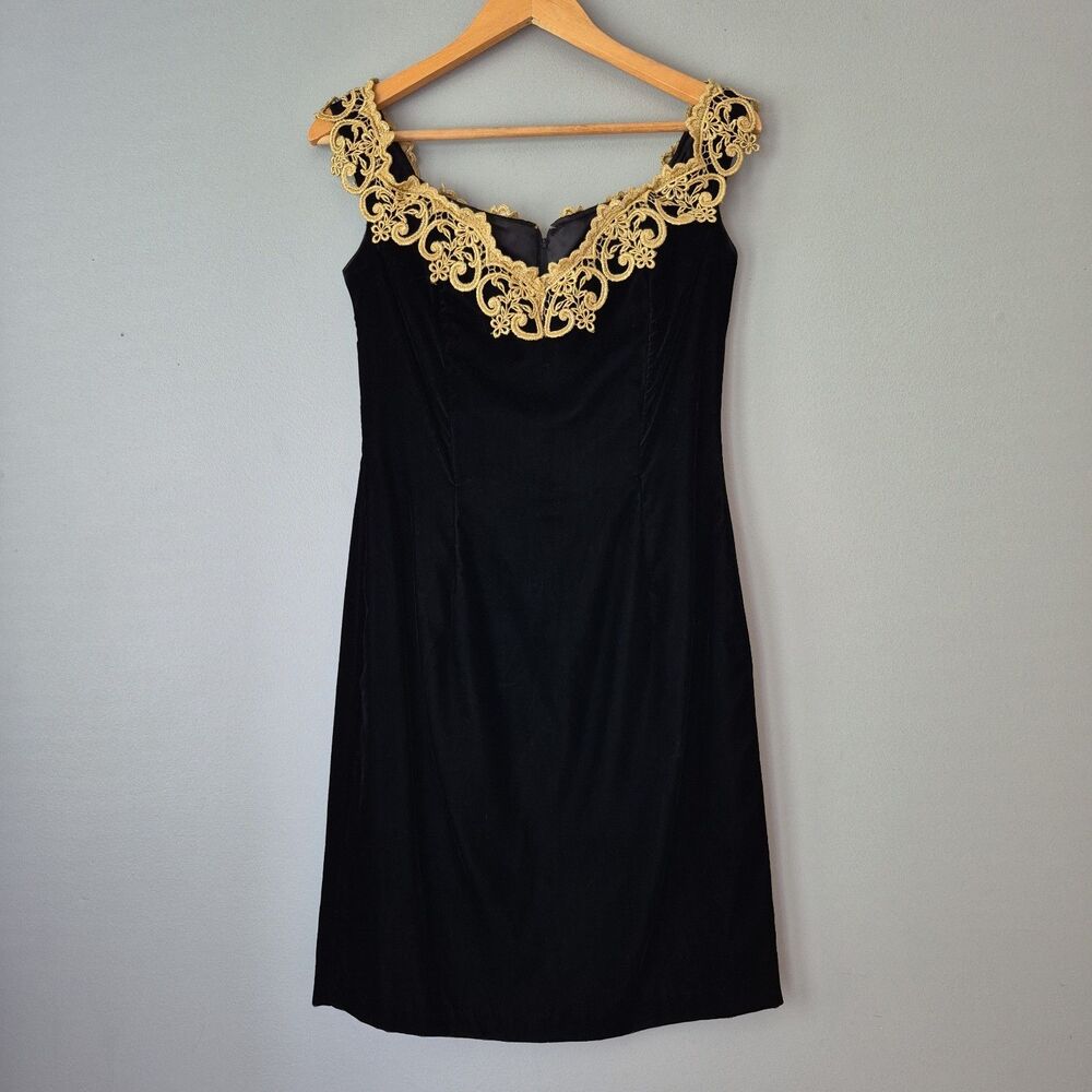 Scott McClintock Black Velvet Mini Cocktail Dress w/ Gold Brocade Trim Womens 10
